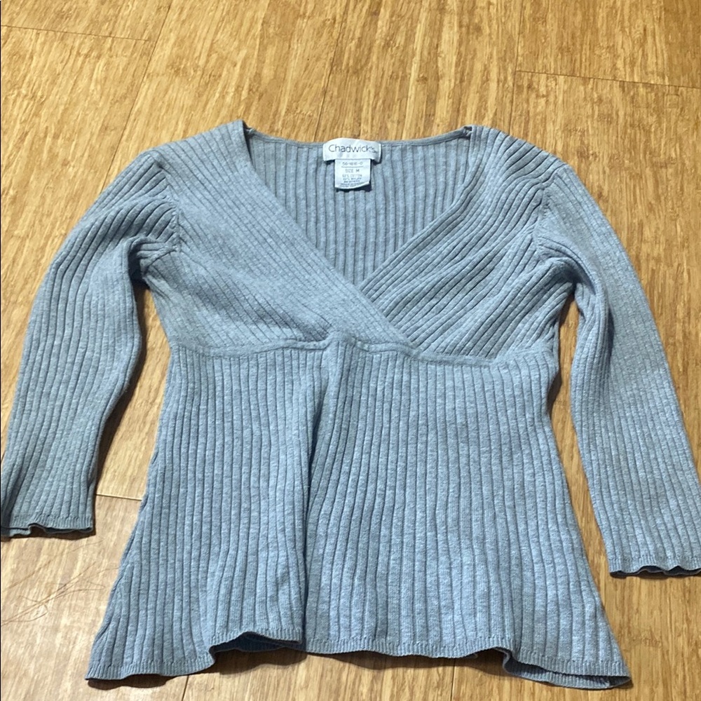 Gray Ribbed V-Neck Sweater